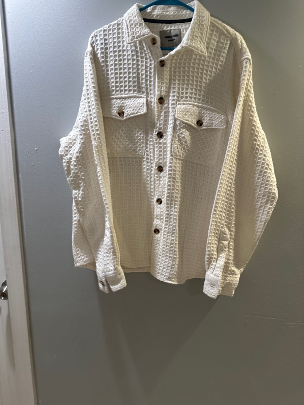 Men's Cream Waffle Button-Down Shirt - Casual Long Sleeve